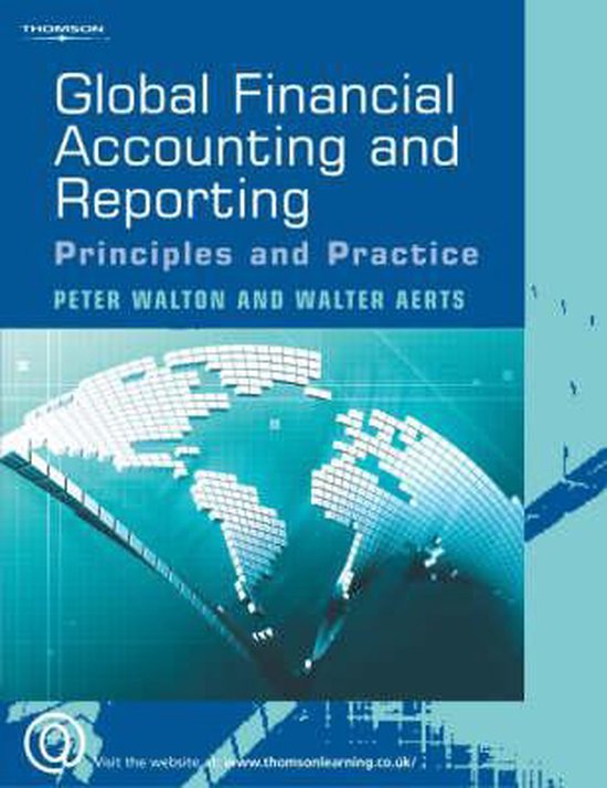 Boek 'Global Financial Accounting and Reporting: Principles and Practice' met een wereldbol grafische weergave en tekst.