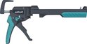 Een wolfcraft kitpistool met ergonomische handgreep, in grijs met turquoise accenten.