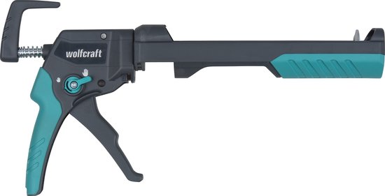 Een wolfcraft kitpistool met ergonomische handgreep, in grijs met turquoise accenten.