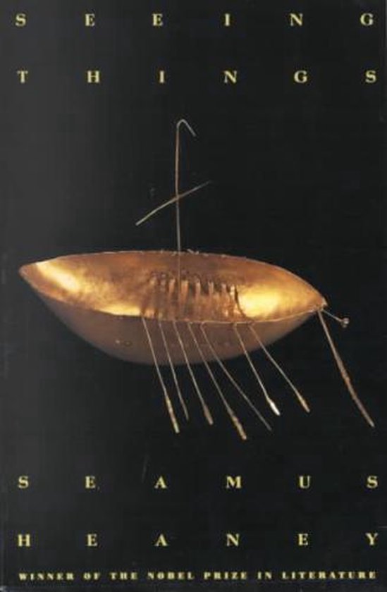 Livre 'Seeing Things' de Seamus Heaney. Forme ovale dorée avec des tiges métalliques, avec le texte 'Seeing Things' et 'Seamus Heaney'.