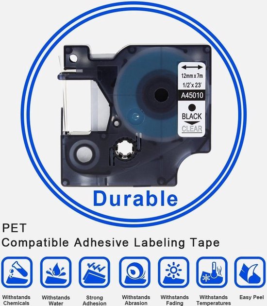 Transparante label tapes Dym 45010 - Zwart op transparant - 12 mm x 7m - Merkloos