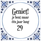 Verjaardag Tegeltje met Spreuk (29 jaar: Geniet! je bent maar één jaar 29! + cadeau verpakking & plakhanger