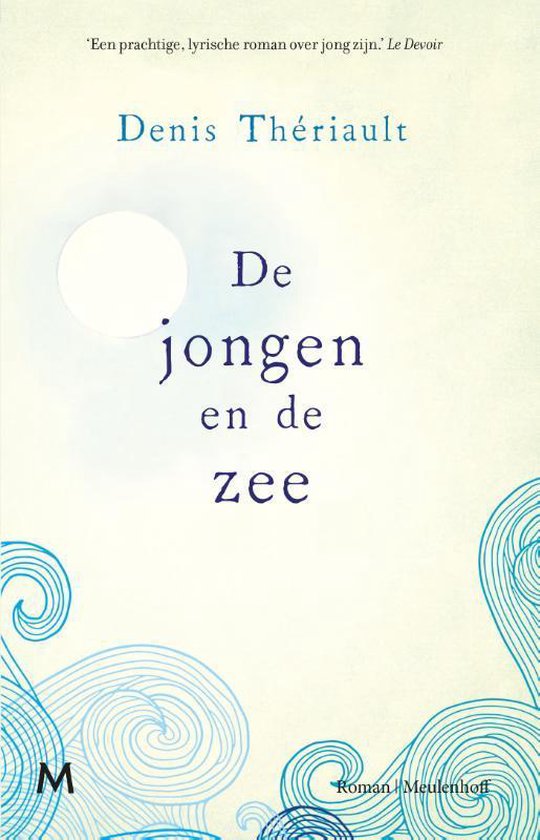 Livre 'De jongen en de zee' avec un fond bleu clair, des vagues et un cercle.