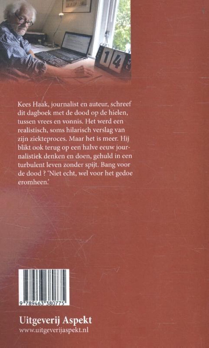 Achterkant van een boek met een portret van Kees Haak en tekst.