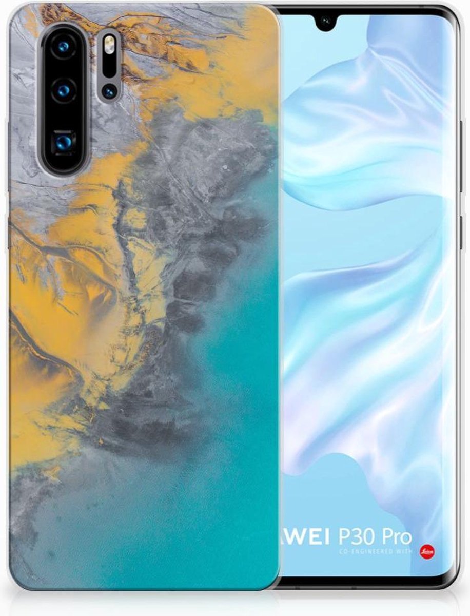 Huawei P30 Pro TPU Siliconen Hoesje Marble Blue Gold