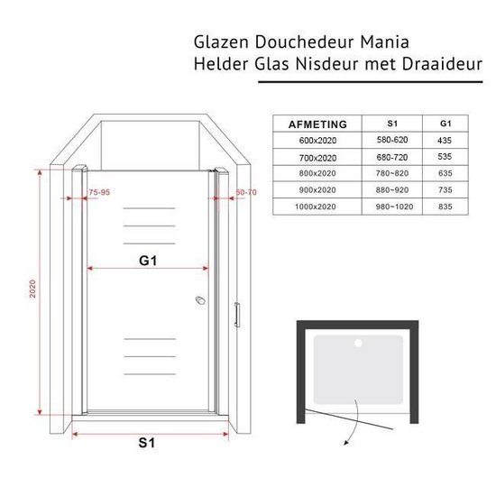 Diamond Line Mania - Douchedeur 70 cm - Chroom - Draaideur - Antikalk - Helder Glas - 8mm Veiligheidsglas - Easy Clean - Verstelbaar - Diamond Line