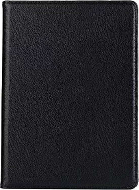 Housse de tablette noire en cuir fermée, texture granuleuse.