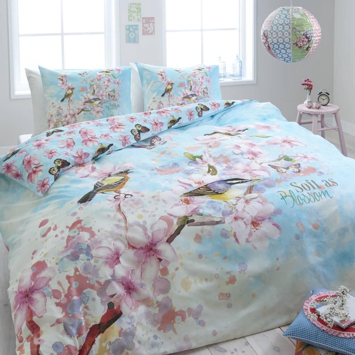 Dreamhouse Bedding Flanel Soft Birds/Blossom - Dekbedovertrekset - Tweepersoons - 200x200/260 + 2 kussenslopen 60x70 - Blauw