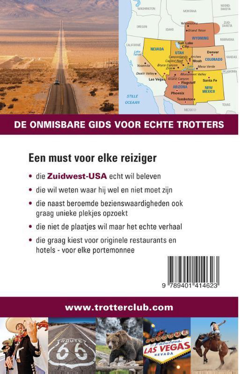 Een kaft met "DE ONMISBARE GIDS VOOR ECHTE TROTTERS" en een kaart van Zuidwest-USA.