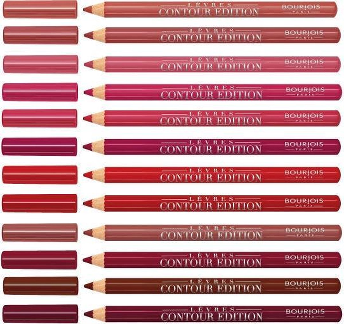 Rood scherp geslepen lippenpotlood met opschrift "CONTOUR EDITION".
