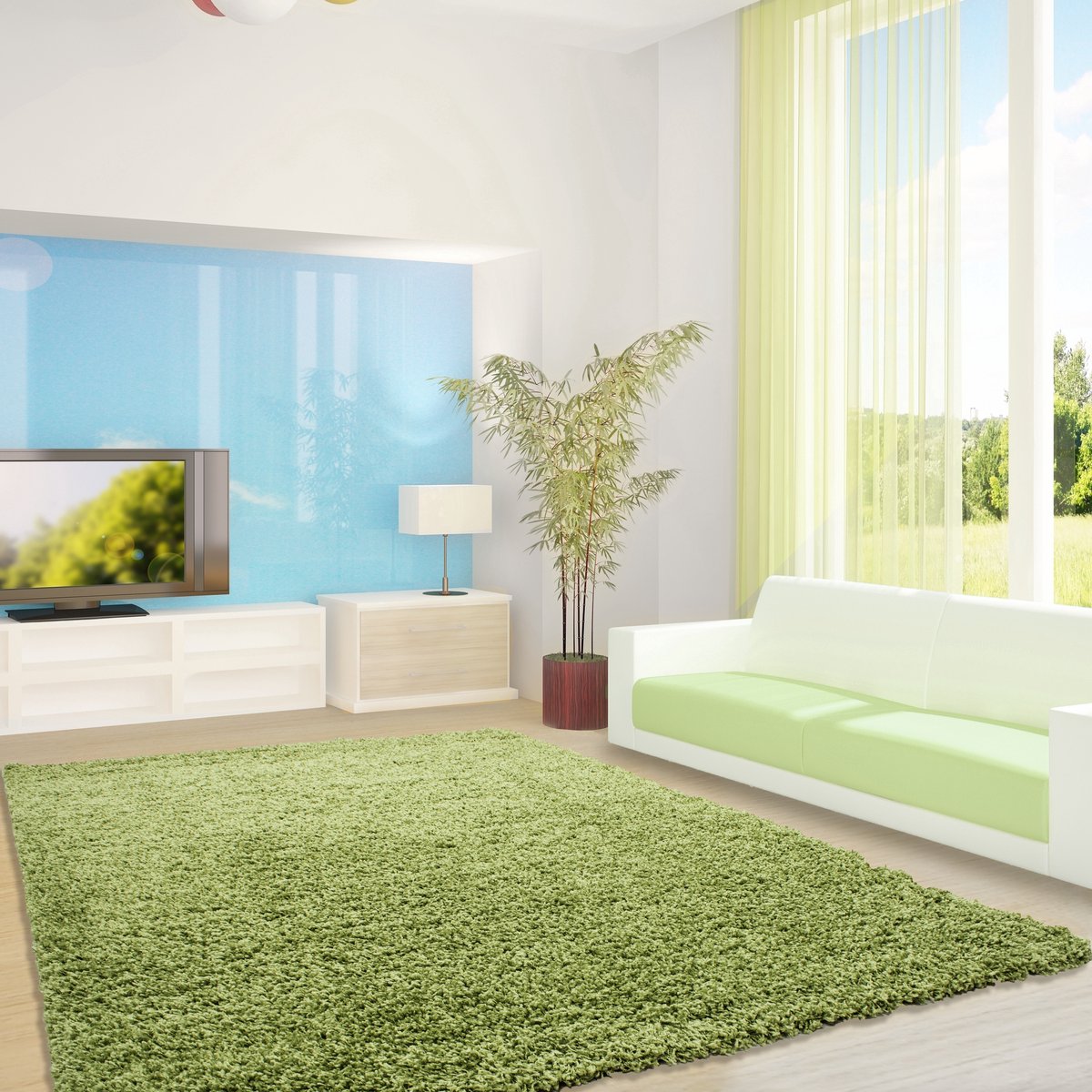 Hoogpolig vloerkleed, effen kleur - effen groen, vloerkleed voor de woonkamer, jute achterkant, afmeting: 160 cm x 230 cm
