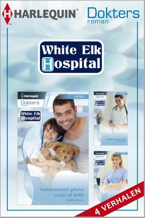 Boekomslag met man en kind die knuffelen, met Doktersroman White Elk Hospital erop.