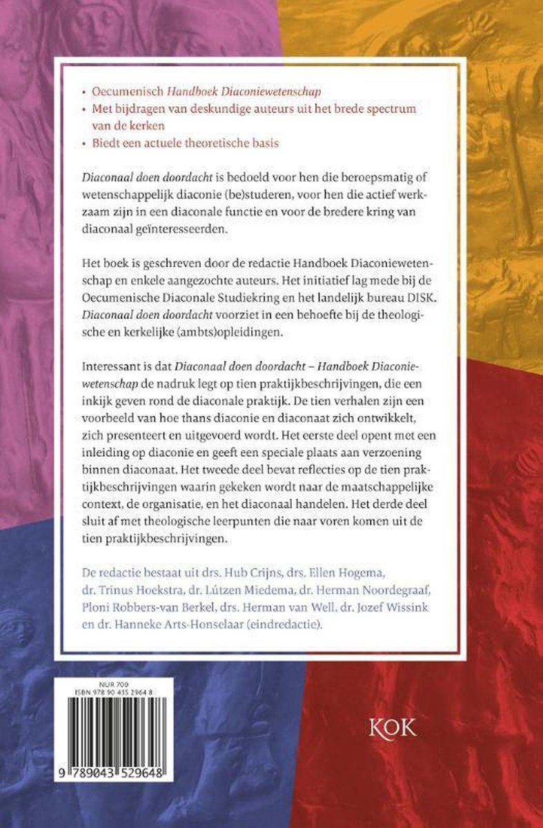Achterkant van het boek 'Diaconaal doen doordacht - Handboek Diaconiewetenschap'. Bevat tekst en ISBN.