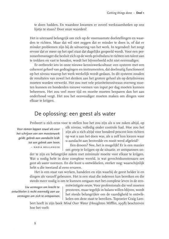Een pagina uit een boek met de titel 'Getting things done' - Deel 1. De tekst is verdeeld in verschillende secties met koppen zoals 'De oplossing: een geest als water'.