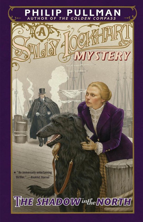 Une femme aux cheveux blonds en veste violette et jupe à carreaux, avec un chien noir, sur un quai avec des navires. Titre : The Shadow in the North.