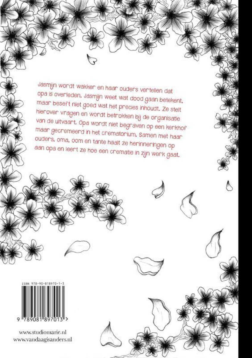 Achterkant boek met bloemenillustraties. Tekst, ISBN en website.