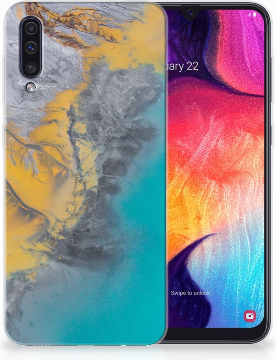 Samsung Galaxy A50 TPU Siliconen Hoesje Marble Blue Gold