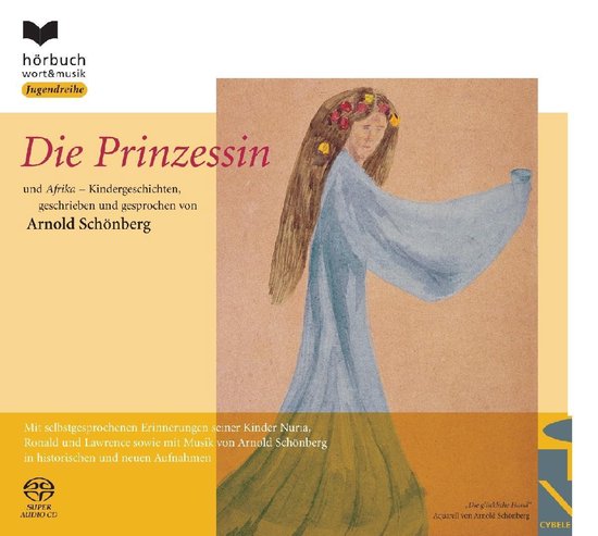 Audio-cd hoes met titel "Die Prinzessin". Een aquarel van een meisje met lange bruine haren, bloemen in haar haar, en een blauwe jurk.