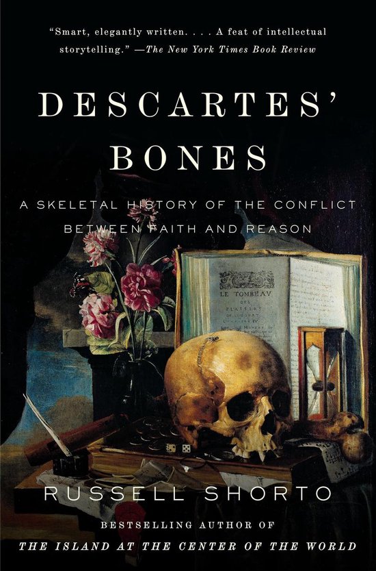 Boekcover van 'Descartes' Bones' met een schedel, een zandloper, bloemen en een oud boek.