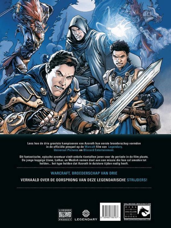 Warcraft, broederschap van drie, met drie helden die met zwaarden vechten.