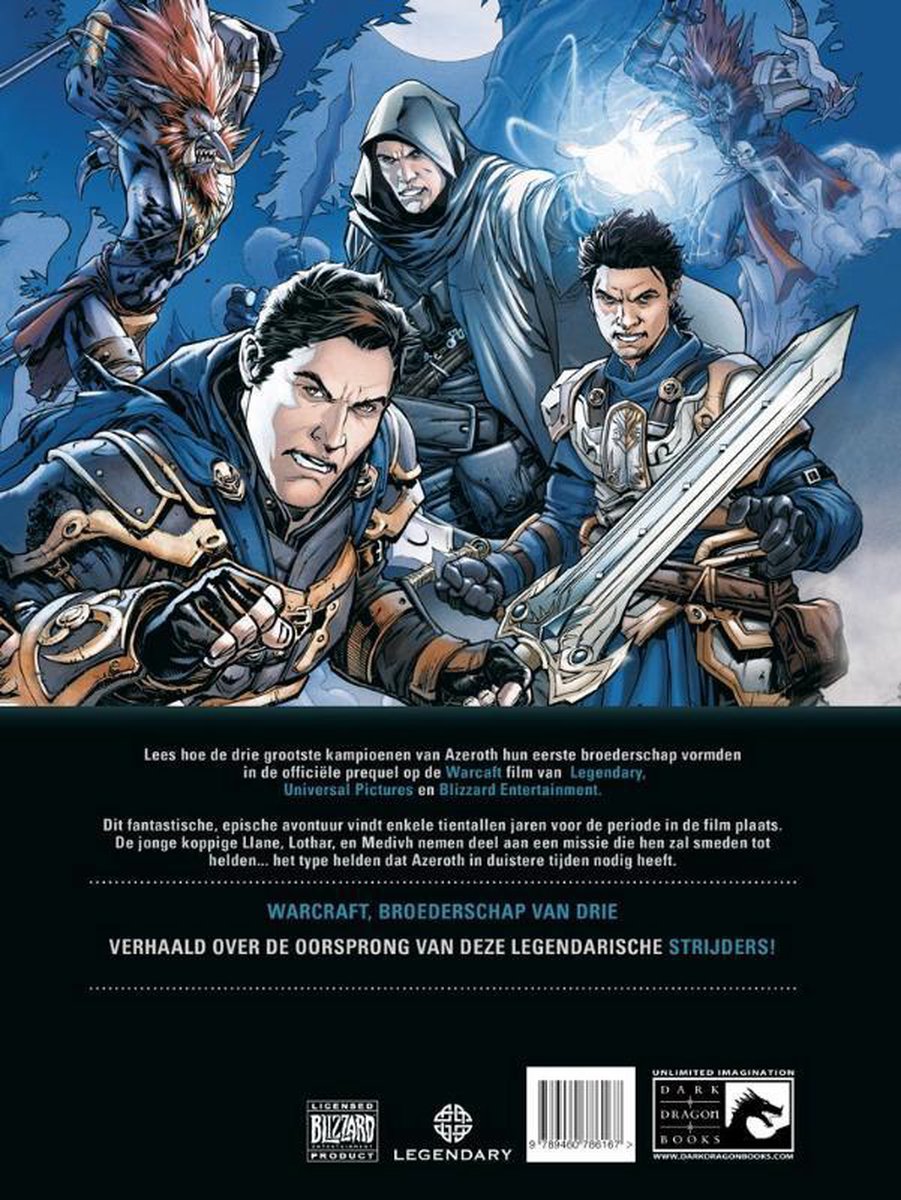 Warcraft, broederschap van drie, met drie helden die met zwaarden vechten.