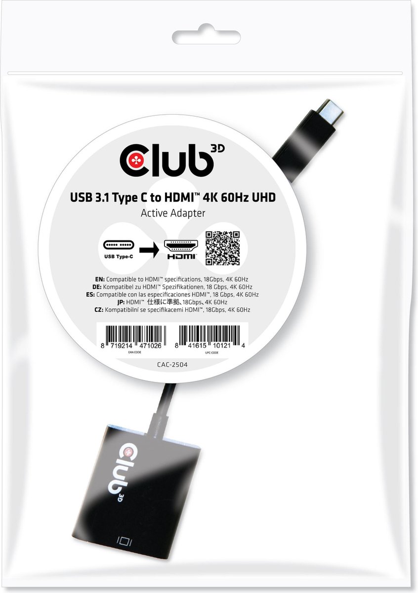 Club3D Usb Adapter [1X Usb 3.1 Stekker C - 1X Hdmi-Bus] Zwart