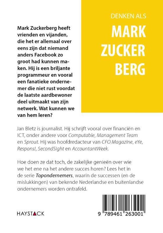 Boekcover met tekst "DENKEN ALS MARK ZUCKERBERG" en een korte biografie van Mark Zuckerberg en Jan Bletz.