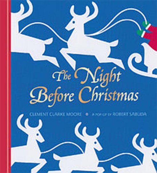 Boek met de titel 'The Night Before Christmas' op een blauwe achtergrond met witte rendieren.