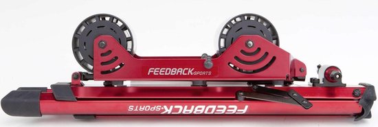 Detailopname van de rode Feedback Sports Omnium fietstrainer.