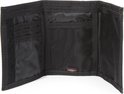 Portefeuille noir triple, ouvert, avec compartiments et velcro.