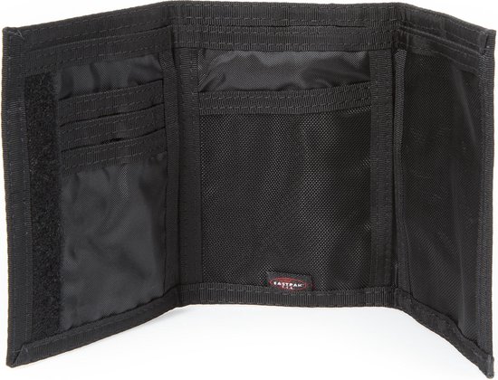 Portefeuille noir triple, ouvert, avec compartiments et velcro.