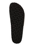 Onderkant van een Birkenstock slipper met een donkerbruin profiel en het Birkenstock-logo.