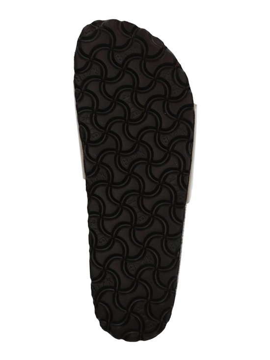 Onderkant van een Birkenstock slipper met een donkerbruin profiel en het Birkenstock-logo.