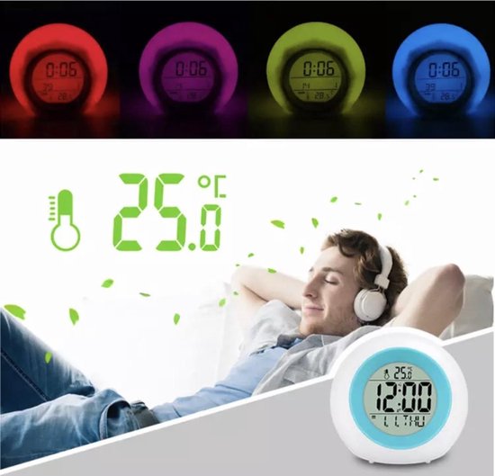 Kinderen digitale wekker, 7 kleuren nachtlampje, snooze, temperatuur