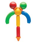 Een figuur van magnetisch speelgoed met een gele bal als hoofd, rode en groene gebogen armen, en rode en oranje onderdelen aan de onderkant.