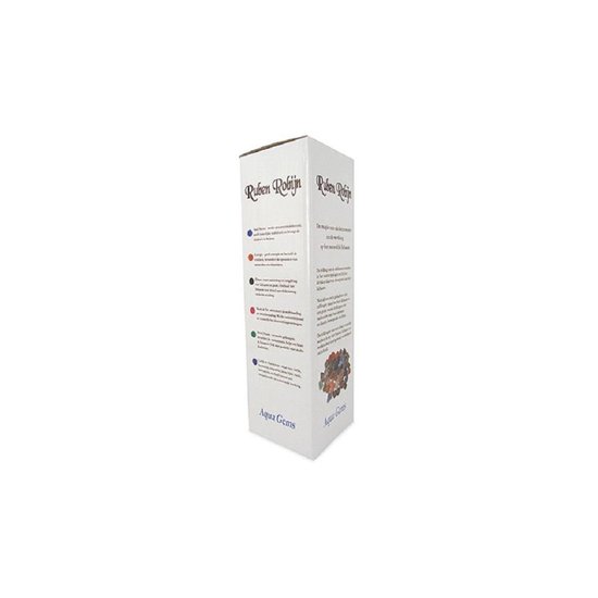 Zijkant van de verpakking van Ruben Robijn Aqua Gems drinkflessen met tekst en afbeeldingen van edelstenen.