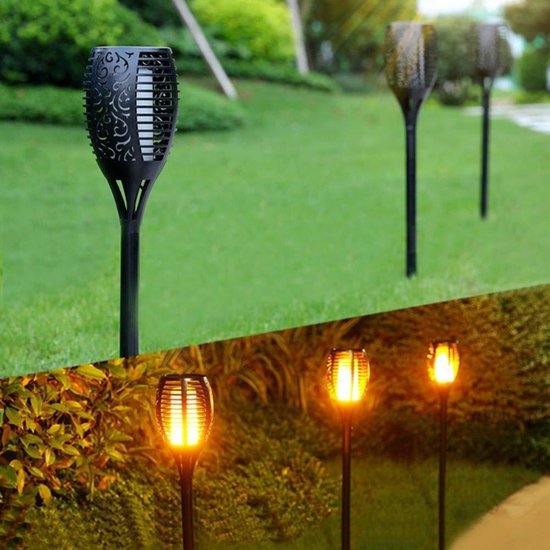 Solar fakkel tuinverlichting lantaarn zonne energie buitenverlichting tuinfakkels 96 led buiten tuinlamp Set 4 stuks met gratis LED grondspot - Merkloos