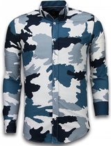 Italiaanse Overhemden - Slim Fit Overhemd - Blouse Classic Army Pattern - Blauw