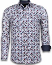 Italiaanse Overhemden - Slim Fit Overhemd - Blouse Painted Flower Pattern - Wit