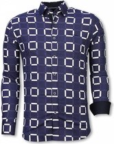 Italiaanse Overhemden - Slim Fit Overhemd - Blouse Block Pattern - Blauw