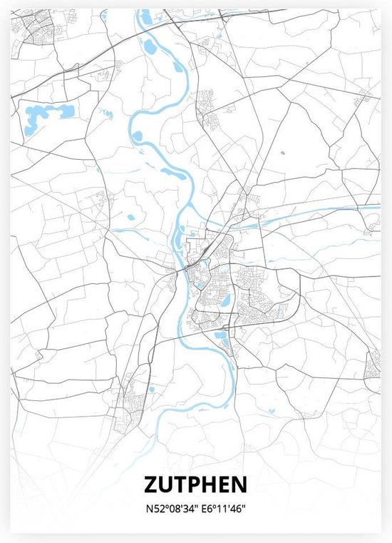 Zutphen plattegrond - A4 poster - Zwart blauwe stijl