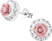 Joy|S - Zilveren roos oorbellen roze classic met kristal 9 mm bloem