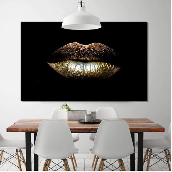 Canvas Schilderij * Gouden Lippen Mond * - Kunst aan je Muur - Modern Abstract - Goud en Zwart - 70 x 100 cm