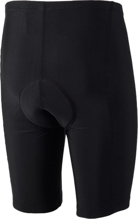 Achterkant van een zwarte fietsbroek met een gepolsterd kruis.