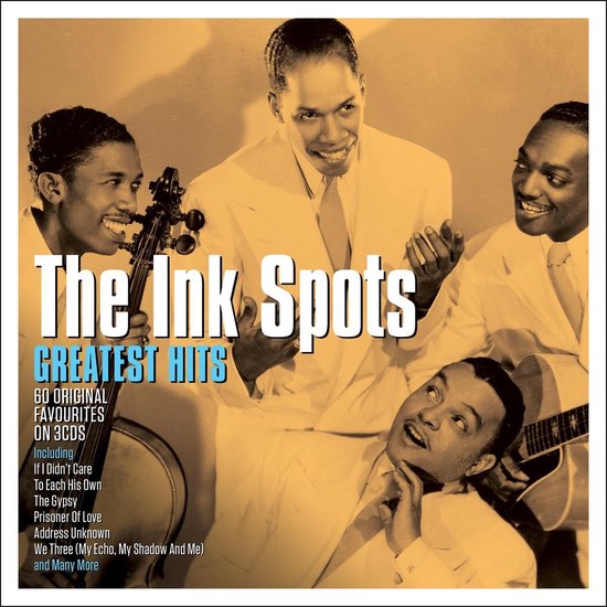 The Ink Spots Greatest Hits albumcover met vier mannen in witte pakken, één met een gitaar en één met een contrabas.