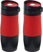 2x Thermosbekers/warmhoudbekers rood/zwart 380 ml - Thermo koffie/thee isoleerbekers dubbelwandig met schroefdop