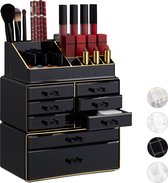 Relaxdays make-up organizer - opbergen van cosmetica - acryl - stapelbaar - met lades - zwart-goud