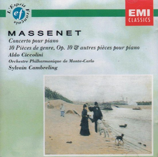 CD-hoes met "Massenet: Concerto pour piano", EMI CLASSICS logo en een schilderij van een rivieroever met figuren.