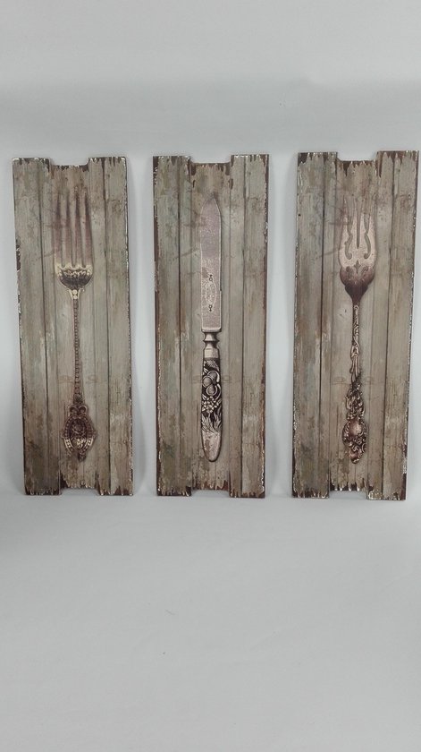Hoopvol makkelijk te gebruiken hervorming Set van 3 houten wand decoratie borden met bestekafbeeldingen - 20 x 60 cm  | bol.com