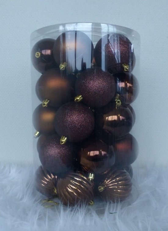 34 Onbreekbare kerstballen in koker doorsnee 7 cm bruin watermeloen